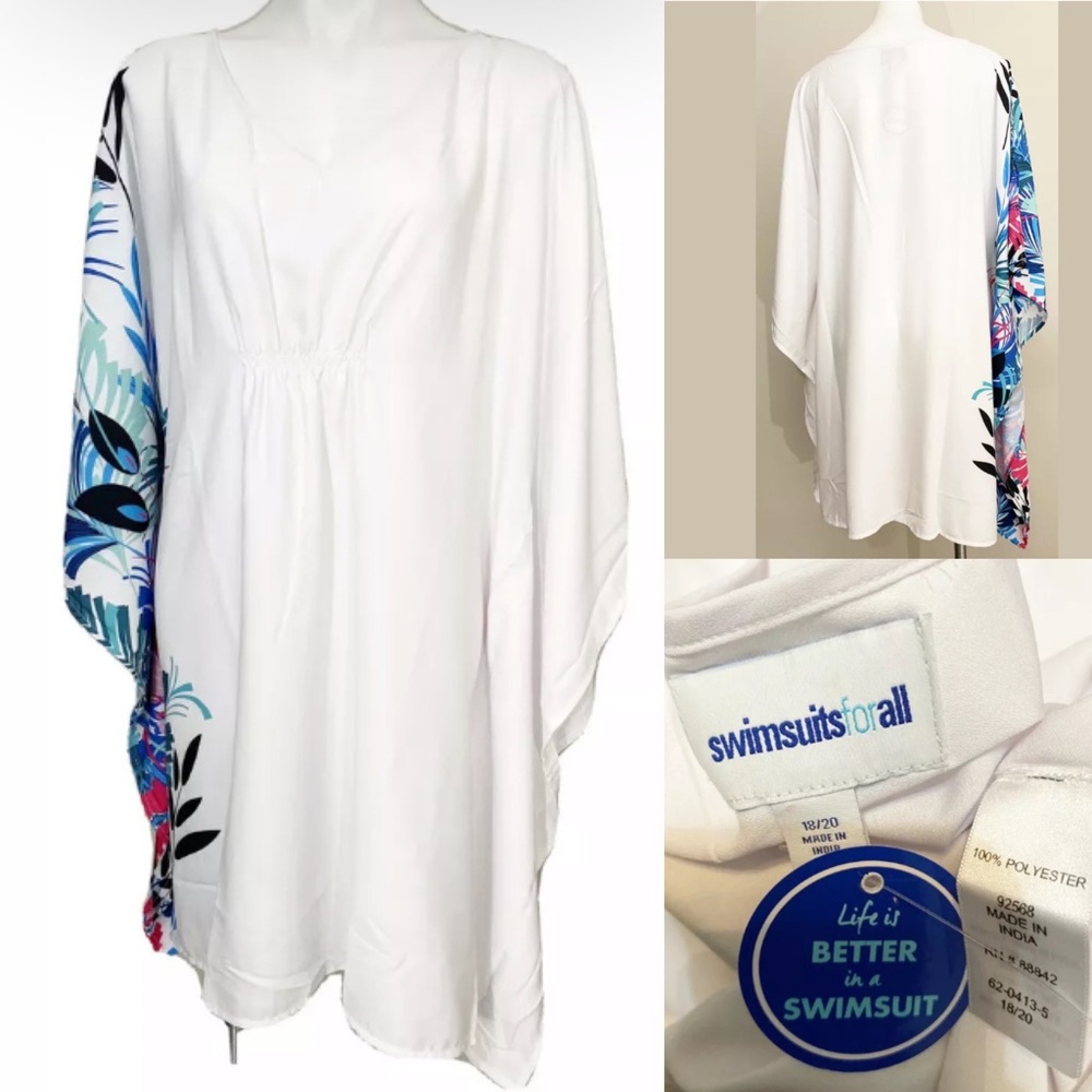 Plus White Cover-Up Tunic with Blue Tropical Accent